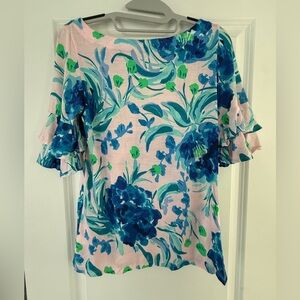 Lilly Pulitzer XS 3/4  pink and blue floral blouse ruffles